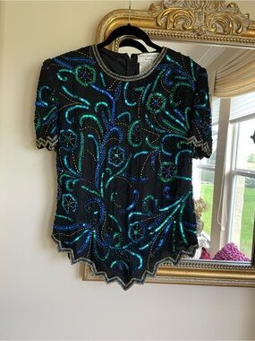 Adrienne Papell Boutique Black Silk Hand Sequined Beaded Lined Glamour Top M/L